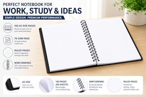 Image of AccuPrints Sumiko A5(6 x 8.5) inch Spiral Notebook 160 Pages, 70 GSM Ruled Wiro Binding, Black Cover