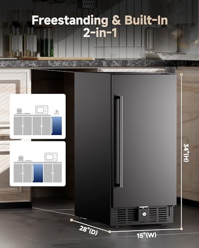 Image of 15 Inch Under Counter Beverage Refrigerator, Outdoor Fridge with 127 Cans Large Capacity & Glass Shelves, Built-in or Freestanding, Small Beverage Refrigerator for Patio & Outdoor Kitchen (Black)