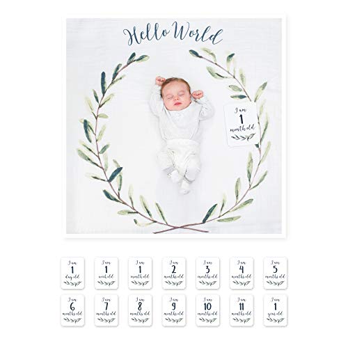 Image of Lulujo Baby’s First Year Milestone Blanket and Card Set | 40in x 40in (Hello World)