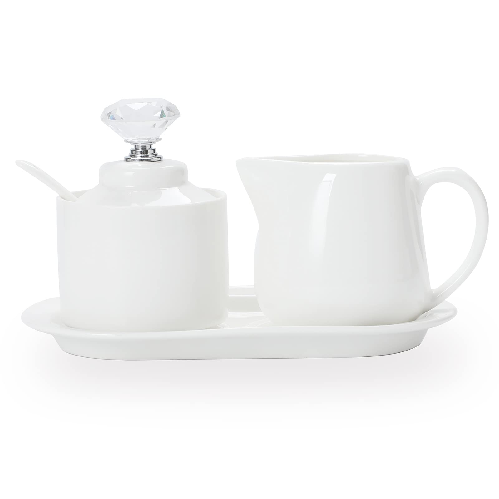 ONTUBE Porcelain Sugar and Creamer with tray and Crystal Lid Set of 4, Silver
