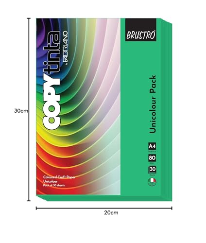 Image of BRUSTRO Copytinta Coloured Craft Paper A4 Size 80 GSM Bright Green Shade (Verde), 60 Sheets Pack | Double Side Colored, Ideal for Origami, Scrapbooking, Making Card, DIY Art & Craft.