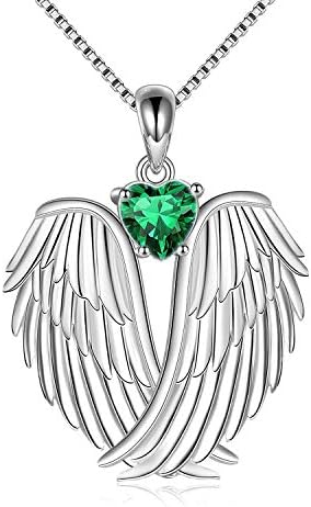 YAFEINI Angel Wings Birthstone Necklace 925 Sterling Silver Guardian Angel Pendant Necklace Wings Birthstone Jewellery for Women Girls Christmas Gifts