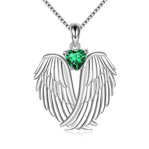 Image of YFN Angel Wings Necklace 925 Sterling Silver Guardian Angel Wings Pendant Necklace Birthstone Necklace for Women Girls Christmas Jewelry Gifts