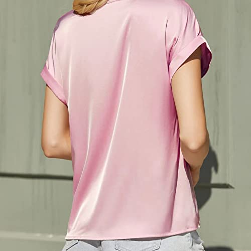 Women's Solid Spring Tops Crew Neck Casual Loose Fit T Shirts Round Neck Novelty Trendy Tee Shirts Satin Cap Sleeve4