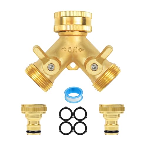 Hose Splitter 2 Way Hose Tap Connector Garden Tap Splitter 3/4 Brass Double Ways with Individual On/Off & 2 Quick Connectors Outdoor Water Fitting for Garden Pipe Connector Irrigation Tool