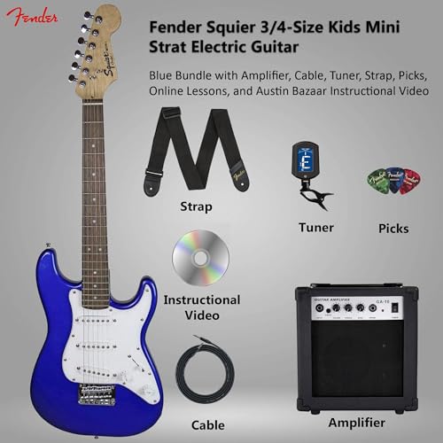 fender squier 34-size kids mini strat electric guitar - blue bundle with amplifier cable tuner strap picks online lessons and austin bazaar instructional dvd
