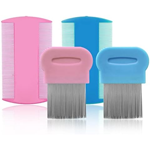 SKYPIA Combs Set, 4 Packs Pet Lice Combs for Cats Dogs Plastic and Stainless Steel Flea Combs, Dandruff Remover, Dog Grooming Comb, Identify Skin Problems, Large, Blue, Pink, Silver Cover