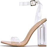 Cape Robbin Maria-2 Women's Lucite Clear Strappy Block Chunky High Heel Open Peep Toe Sandal,Nude,7.5