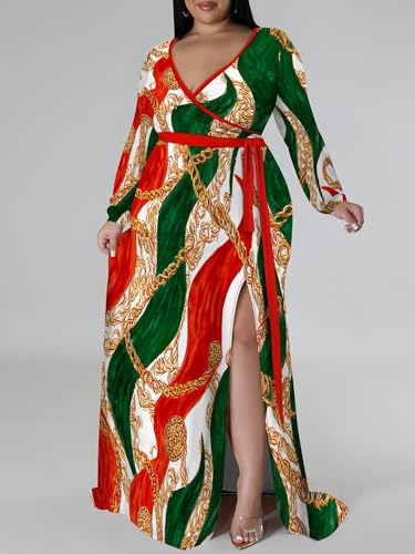 Image of PinkPatty Women's Plus Size Long Sleeve Maxi Dress Casual V Neck Slit Tie Waist Wrap Dresses for Party Cocktail