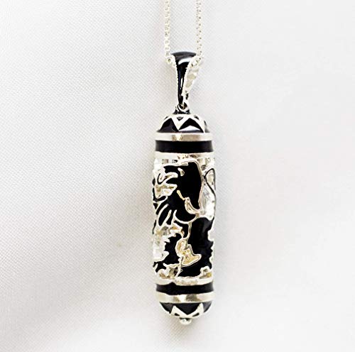 Jewish Jewelry, Lion Of Judah, 925 Sterling Silver Mezuzah Necklace, Black Enamel Judaica Pendant With Hebrew Scroll #TOP5