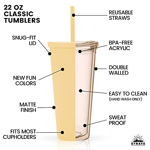 Strata Cups Acrylic Tumbler With Lid And Straw (Pack Of 4) - 22 Oz Pastel Colored Cups | Double Wall Yellow Plastic Bulk Tumbler With Lids And Free Straw Cleaner, Tumblers For Vinyl Projects #TOP1