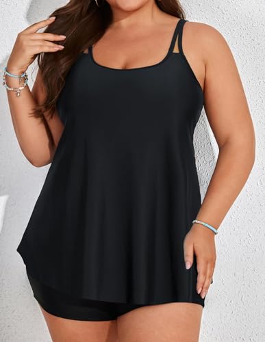 Hanna Nikole Bauchweg Freizeit Tankini Bekleidung A-Linie Badeoberteile für Mollige Frauen Schwarz 46 2