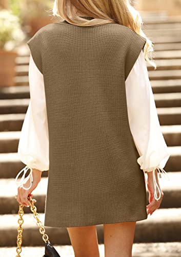 Deep Self V Neck Sweater Vest Oversized Sleeveless Sweater Pullover Fall Knitted Tops For Women Khaki #TOP2