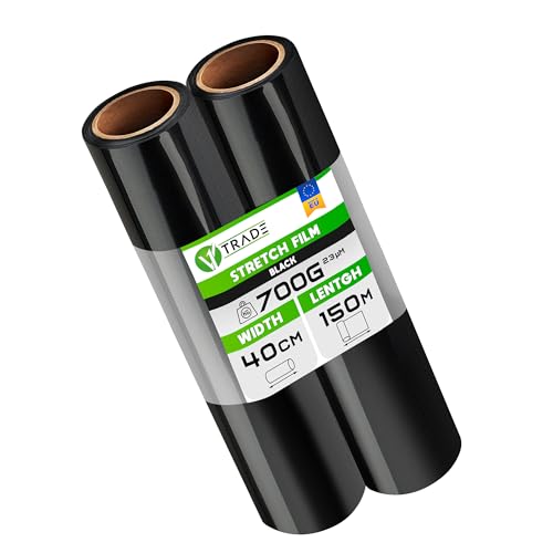 V1 Trade Film Noir Emballage - 2 Rouleaux Film Palette 40cm x 150m - Plastique Protection pour Colis et Meubles