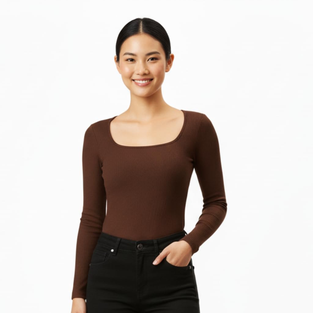 flirty touch Women's Square Neck Ribbed Knit Long Sleeve Top, Red, Fitted Style, Casual Wear-picture-53