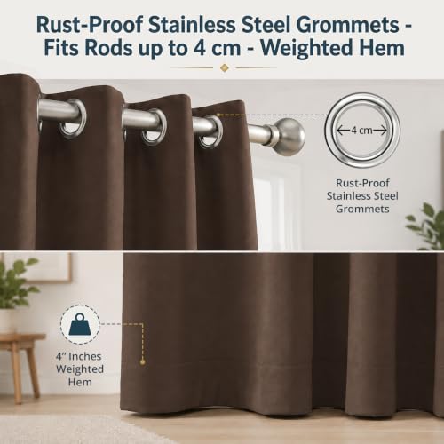Image of Cloth Fusion Blackout Door Curtains 7 Feet Long Set of 2, Brown | Up to 90% Sunlight Block, Room Darkening, 3-Layer Triple Weave, Thermal Insulated, Stainless Steel Grommets