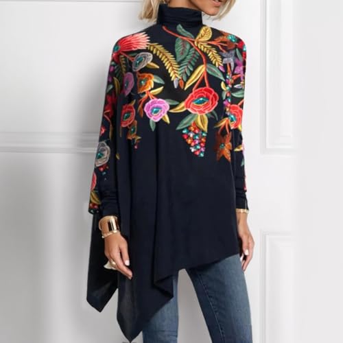 Akivide Women's Fall Boho Floral Mock Neck Asymmetrical Hem Long Sleeve Tunic Top Casual Loose Turtleneck Blouse Shirt2