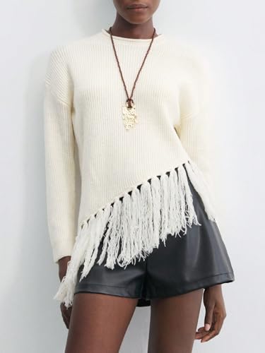 Image of SweatyRocks Women's Long Sleeves Sweater Crew Neck Solid Color Fringe Hem Knitted Pullovers Tops Apricot M