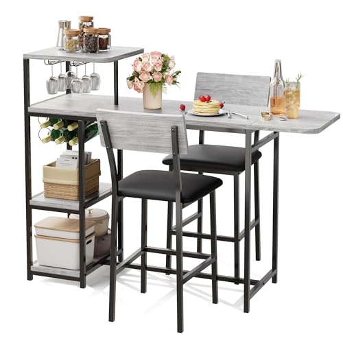 Garvee Dining Table Set for 2, 3-Piece Expandable Bar Table and Chairs Set, with Storage Shelves and Wine Rack, Small Kitchen Dining Set for Living Room, Apartment Grey