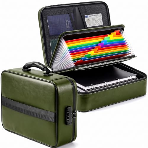 DOXLMP Fireproof Document Box With Lock, 16 Pocket Hard Shell File Organizer （Green）