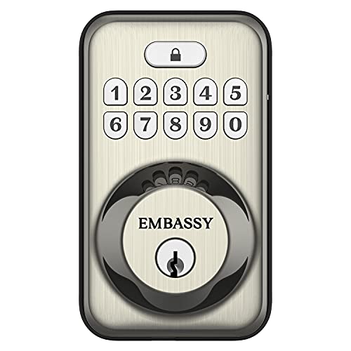 Embassy Door Lock Electronic Keyless Entry with Illuminated Keypad Security Deadbolt Lock 20 User Codes Auto and 1-Button Locking Front Door Garage or Office (US15)