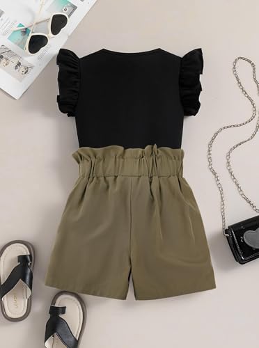 Image of Girls 2 Piece Outfits Summer Ruffle Sleeve Top and High Waisted Striped Shorts Set, Cute Casual Clothes for Girls 7-14 Black Green 9-10 Years