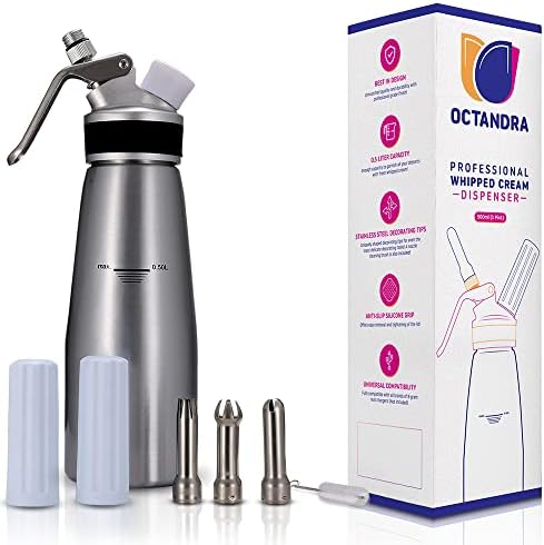 OCTANDRA Professional Whipped Cream Dispenser – 1 Pint Aluminum Whipper Canister - Whipping Siphon - Whip Cream Maker with 3 Stainless Steel Tips, 2 Charger Holders, Brush & Storage Cap