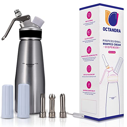 OCTANDRA Professional Whipped Cream Dispenser – 1 Pint Aluminum Cream Whipper Canister - Whipping Siphon - Whip Cream Maker with 3 Stainless Steel Tips, 2 Charger Holders, Brush & Storage Cap by OCTANDRA - Used condition - CA$37.25