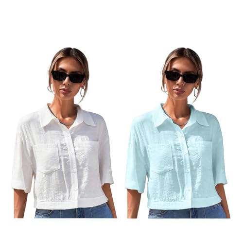 Image of TOPLOT V-Collar Solid Crop Shirt for Women with Half Sleeves, Polyester, Regular Fit