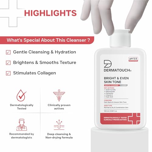 Image of DERMATOUCH Bright & Even Skin Tone Gentle Cleanser | Helps Reduce Dark Spots, Uneven Tone & Dullness | pH 5.5 Balanced | Dermatologist Tested | 100ml