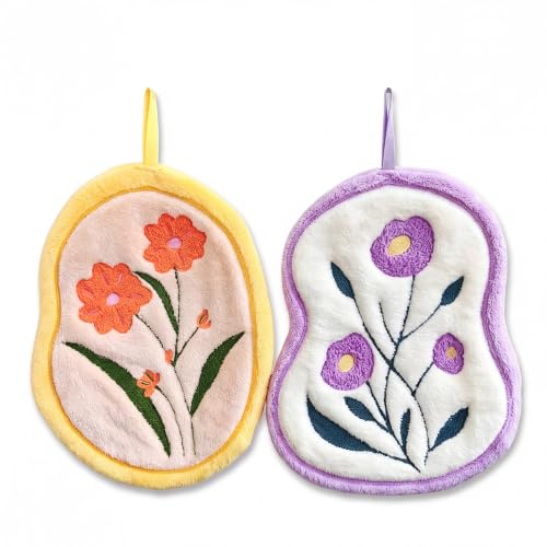 Image of House of Quirk Tulip Flower Shaped Hanging Towels Set of 2 | Soft Coral Fleece Kitchen & Bathroom Towels | Super Absorbent & Quick-Dry Decorative Cloths (Purple /Yellow)