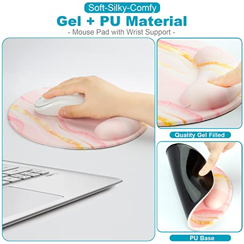 Mouse Pad Wrist Support Keyboard Wrist Rest With Coaster Set, Ergonomic Large Mouse Pad 9.45 Inch, Mouse Pads For Desk, Cute Mousepad For Computer Gaming Home Office Decor-Pink Marble #TOP3
