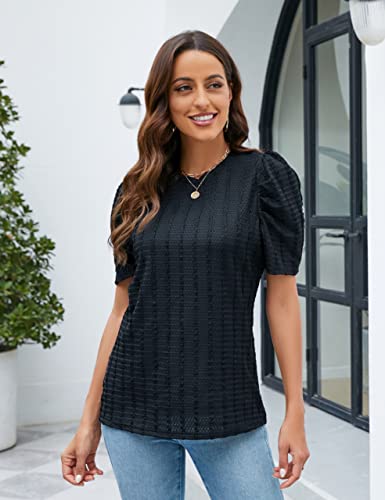 Blooming Jelly Womens Puff Short Sleeve Summer Tops White Lace Blouse Casual Crewneck Elegant T Shirts #TOP1