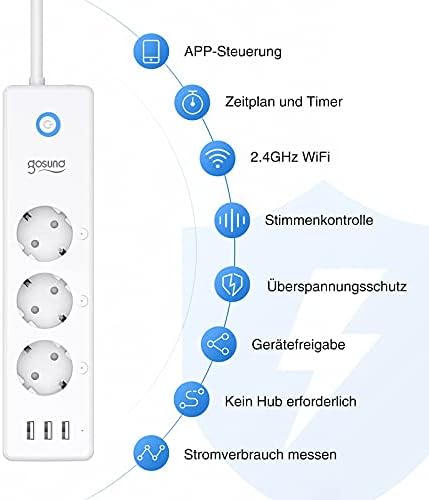 Listwa zasilająca Smart WLAN z 3 gniazdami AC, 3 USB, pojedynczo przełączana, ochrona przed przepięciem, pilot zdalnego sterowania, timer, kompatybilna z Alexa Google Home, 3-krotna listwa wtykowa,