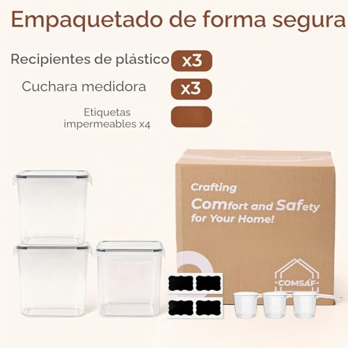 Miniatura 8 de Comsaf Recipientes Herméticos Para Alimentos 2,5 L Set De 3, Botes Con Tapa Hermética Para Cocina Y Despensa, Botes Cocina Almacenaje De Harina, Arroz, Muesli Y Cereales, Tupper Plastico