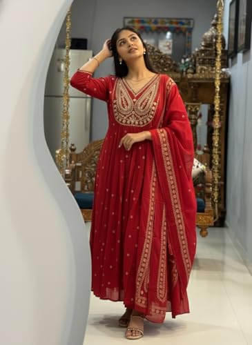 Image of ANNI Designer Women's Rayon Viscose Printed Embroidered Anarkali Kurta with Pant & Dupatta | Ethnic Kurti Set with Embroidery | Soft Comfortable Fabric | Stylish Outfit for Festive, Office