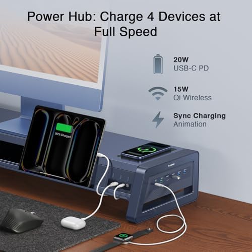 Vaydeer All-in-One Dual Monitor Stand Riser with 2 Drawers, 8 USB Ports (4 Fast Charging, 4 for Data Transfer), Wireless Charging Pad and LED Light Strip, Desk Organizer for PC/iMac (Metal, 39.3 inches) — view 8