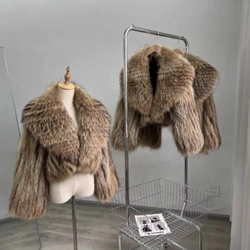Women's Genuine Raccoon Fur Jacket Winter Coat Short Cozy Fuzzy Outerwear Turn-down Collar3