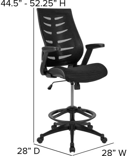 High-Back Ergonomic Drafting Chair with Flip-Up Arms, Adjustable Foot Ring & Breathable Mesh – Tall Office Chair for Standing Desks and Drafting Tables (Black)