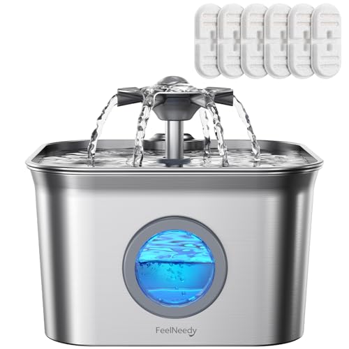2.8L Fuente para Gatos Acero Inoxidable con 6 Filtros, FEELNEEDY Bebedero Gatos Ultra Silencioso, Filtración de Cuatro Capas, Fácil de Limpiar, Apta para Lavavajillas