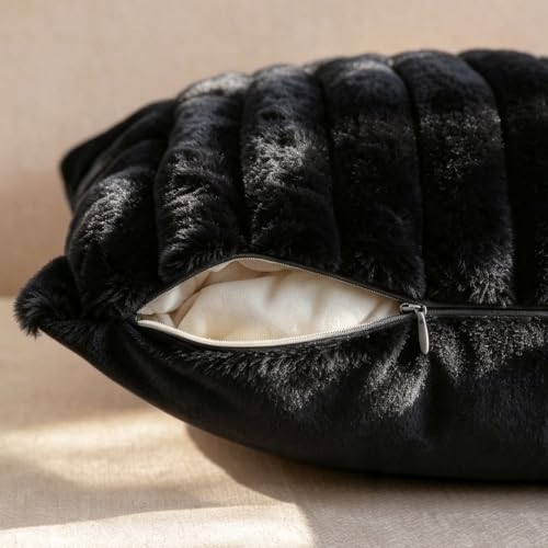 ZeeHeng Faux Fur Throw Pillow Covers Set of 2, Cozy Soft Cross Cushion Cases, Farmhouse Boho Decorative Pillow Covers for Living Room, Sofa, Couch & Bed Indoor Home Decor (Black, 18" x 18") - image 2