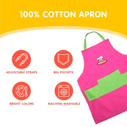 Curious Chef Child Textile Set - 4-Piece Set I Real Chef's Wear For Children I Child-Sized Apron, Oven Mitts & Hat I Machine Washable I Pink/Green #TOP3