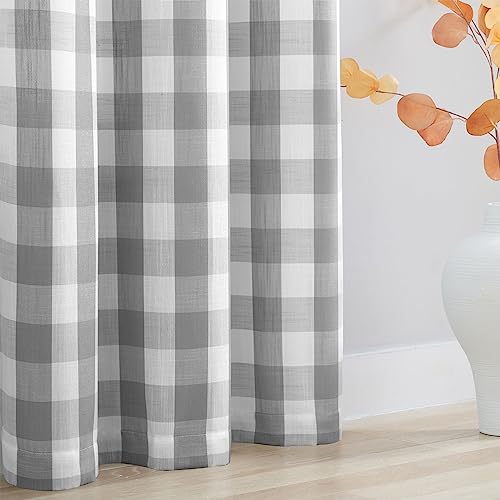 Abstractex Grey White Gingham Sheer Curtains 60x90 Inch for Bedroom Wide Buffalo Check Linen Textured Semi Sheer Privacy Drapes for Living Room Light Filtering Rustic Eyelet Window Treatments 2 Pcs - Image 3