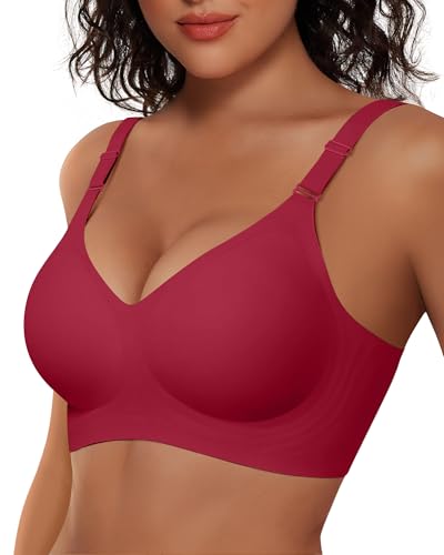 Vertvie Nahtlos Bügelloser BH Vorne Verstellbarer Träger Soft Seamless BH Damen Ohne Bügel Push Up Bra Große Brüste Guter Halt Bralette Bequem Schlaf Tshirt(Rot,XL)