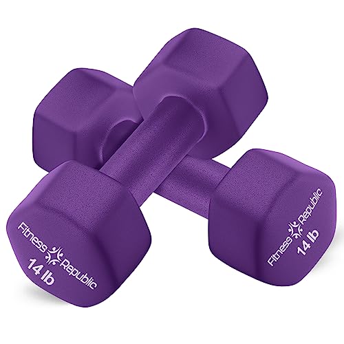 Fitness Republic 14LB Neoprene Workout Dumbbells Set of 2 - Non Slip, Anti Roll Exercise & Fitness Dumbbells - Hex Shaped Hand weights for Men & Women - Ideal for Home and Gyms training