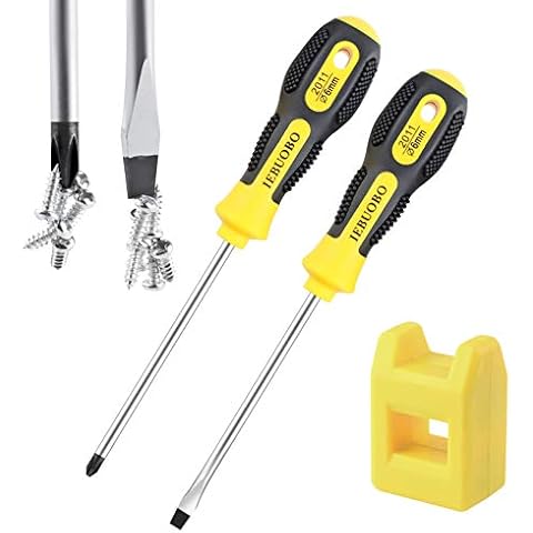 IEBUOBO Slotted and Phillips Screwdriver, PH2 6" Long Cross-head Screwdriver & Flat Blade Screwdriver, 2 Packs Magnetic Screwdriver With Rubber Handle, With Magnetizer/Demagnetizer Tool Cover