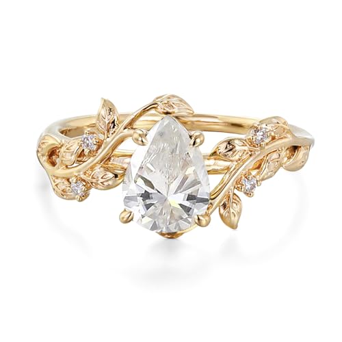 NFYBD 10K 14K 18K Gold 1 Carat Pear Gemstone Vintage Engagement Ring for Women Nature Inspired Birthstone Leaf Vine Art Deco Wedding Promise Anniversary Rings for Her Wife Bridal Size 4~12-Moissanite