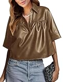 Vivitulip Women’s Short Sleeve Faux Leather T-Shirt Loose Fit V Neck PU Leather Summer Crop Going Out Tops Brown