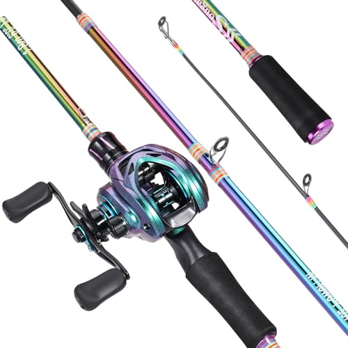 Souagyilang BaitCasting Fishing Rod Reel Combo,2 Pieces Medium Heavy Pole with Super Smooth Casting Gear Baitcster Combo (6.9ft Left Hand)