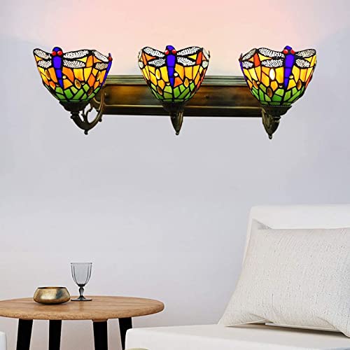 Tfcfl Tiffany Victorian Wall Sconce, 3-Light Vanity Light Fixtures Stained Glass Lampshade Dragonfly Over Mirror Lamp For Bathroom Bedroom Living Room Hotel #TOP3
